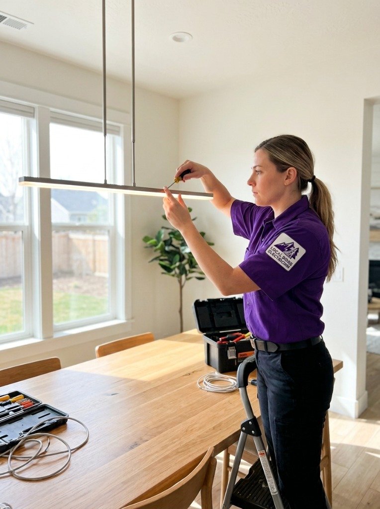Electrician Installing Modern Dining Room Chandelier in Boise